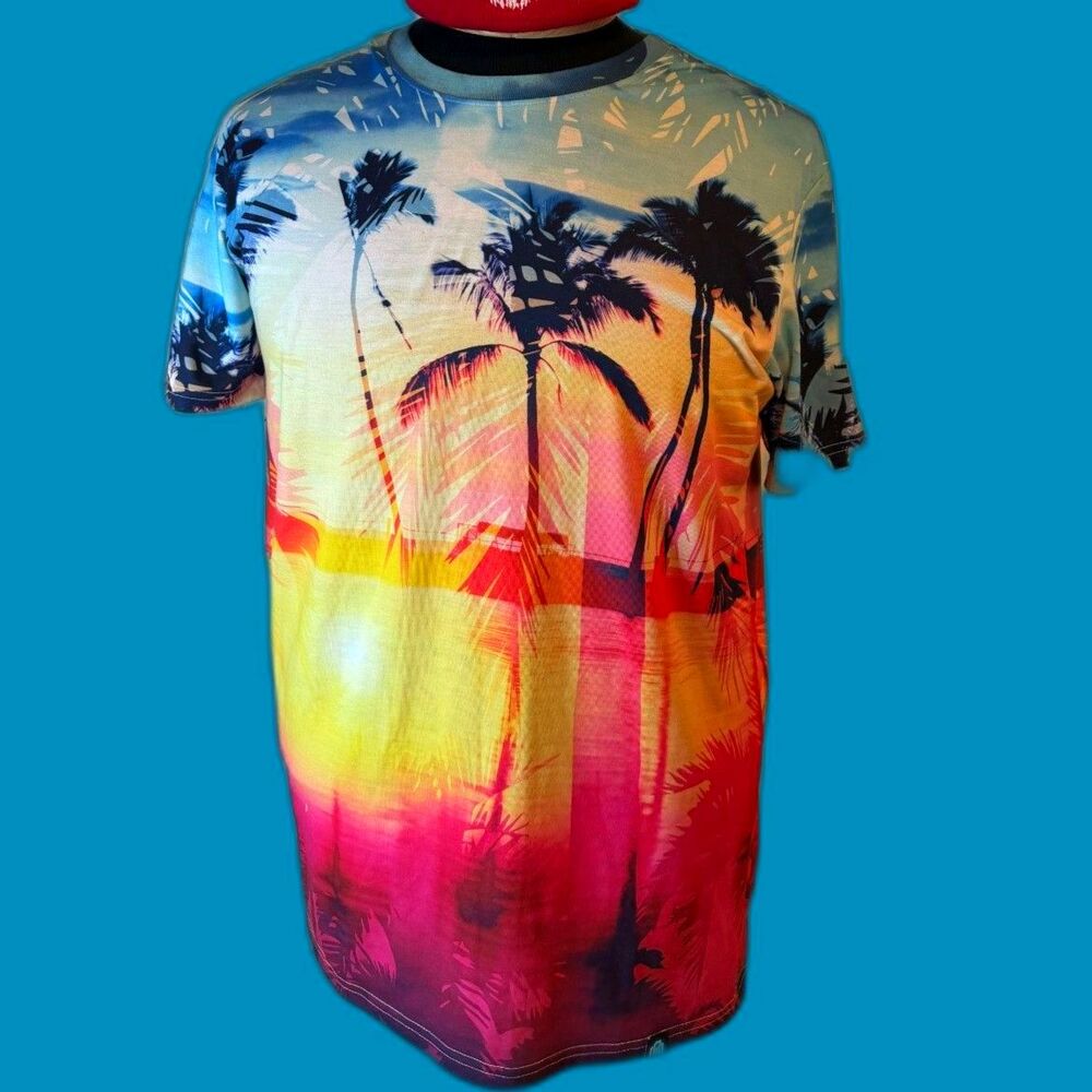 Into The AM Miami Vice All Over Print T Shirt Mens Large Sunset Palm Trees